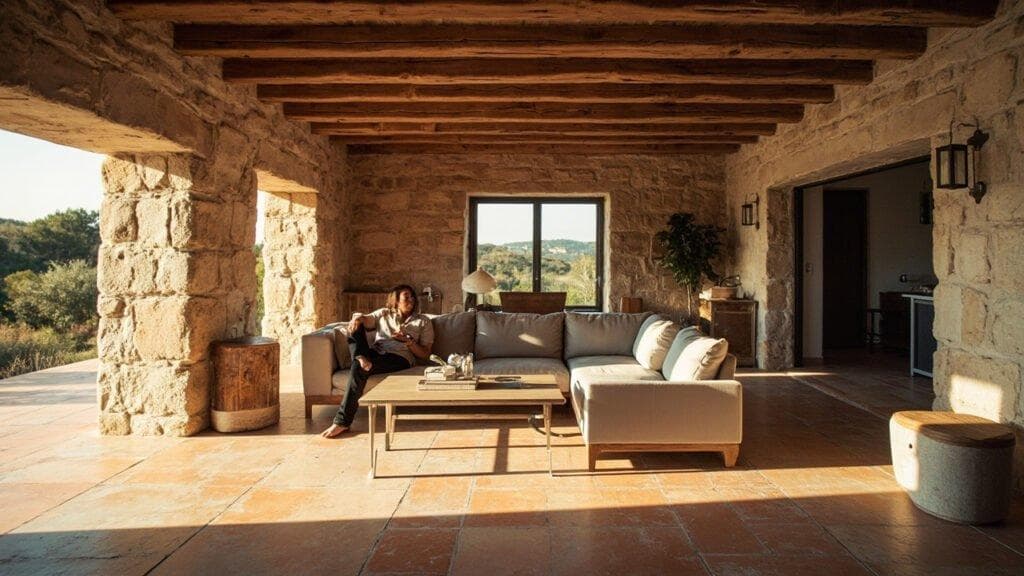 Terrasse couverte d'un mas en pierre